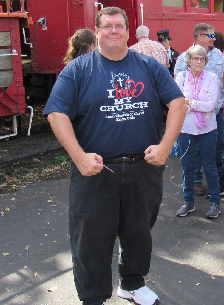 Jon is an avid supporter of our church's Christian Fellowship activities.  Here he is standing outside the LM&M train at the station in Lebanon, Ohio.