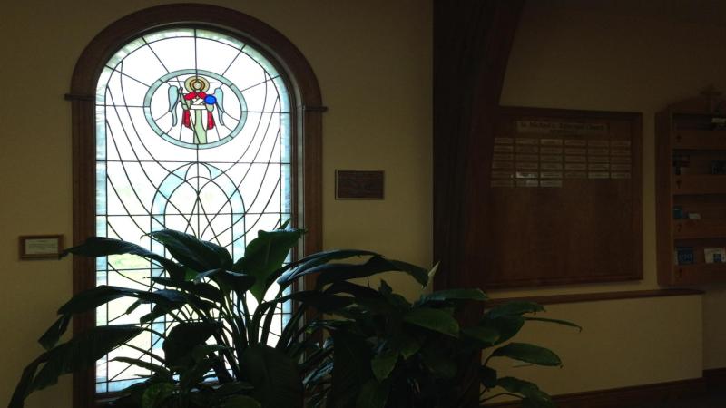 Stained Glass Window of St. Michael the Archangel. Located inside the Narthex.